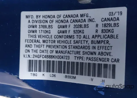 2019 Honda Civic Sport from USA, damaged, VIN 2HGFC4B88KH304723